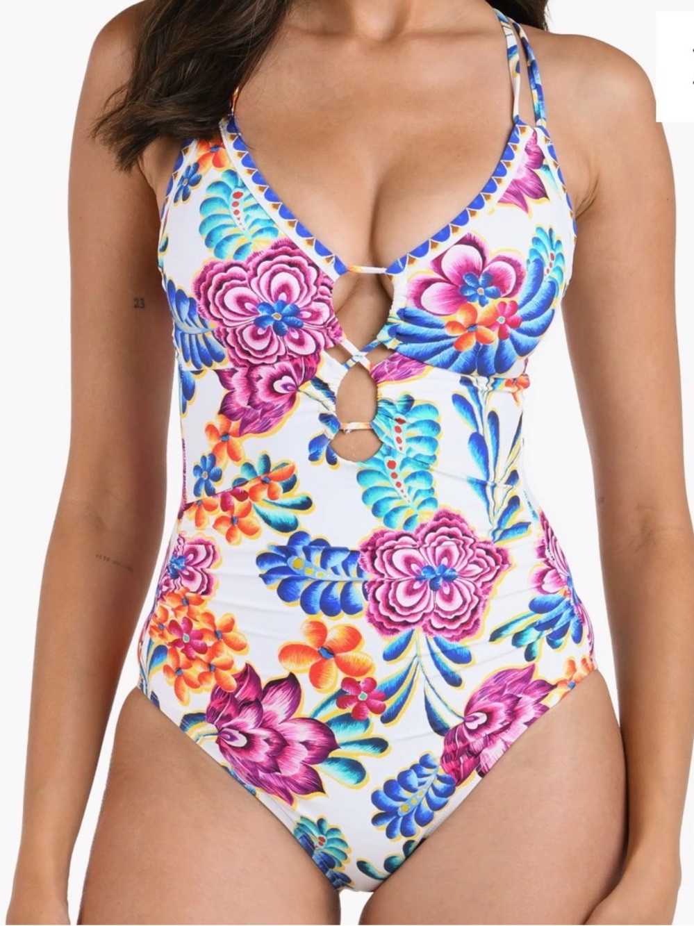 La Blanca White One-Piece Swimsuit with Pink, Orange, Blue & Green Floral Print